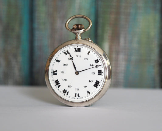 High grade Swiss made pocket watch in silver case , unusual movement, perfet working condition