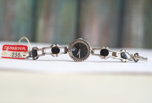 DUGENA Onyx- Vintage  German 0.835 solid silver  mechanical wind up women's Bracelet Watch, onyx inlay , unworn, mint condition