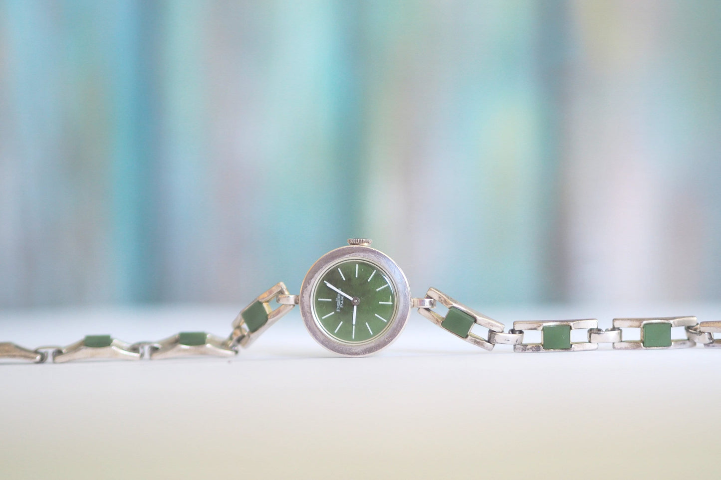 Pallas Para Jade- Vintage  German 0.835 solid silver  mechanical wind up women's Bracelet Watch, jade inlay , unworn, mint condition