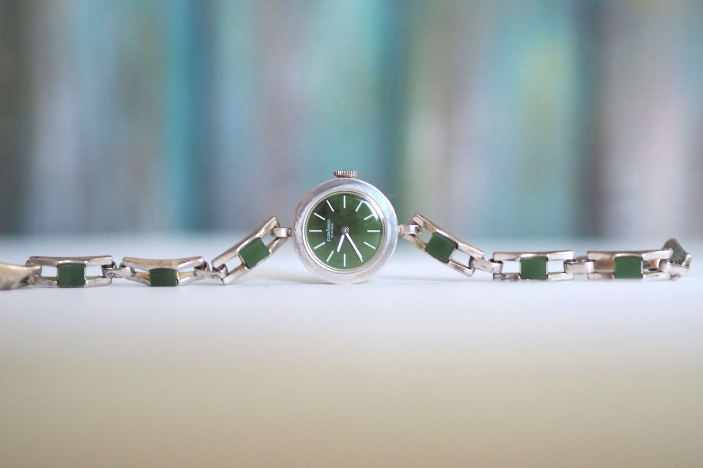 Pallas Para Jade- Vintage  German 0.835 solid silver  mechanical wind up women's Bracelet Watch, jade inlay , unworn, mint condition