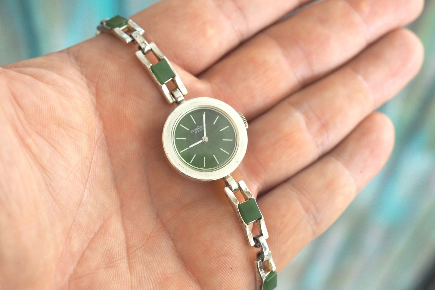 Pallas Para Jade- Vintage  German 0.835 solid silver  mechanical wind up women's Bracelet Watch, jade inlay , unworn, mint condition