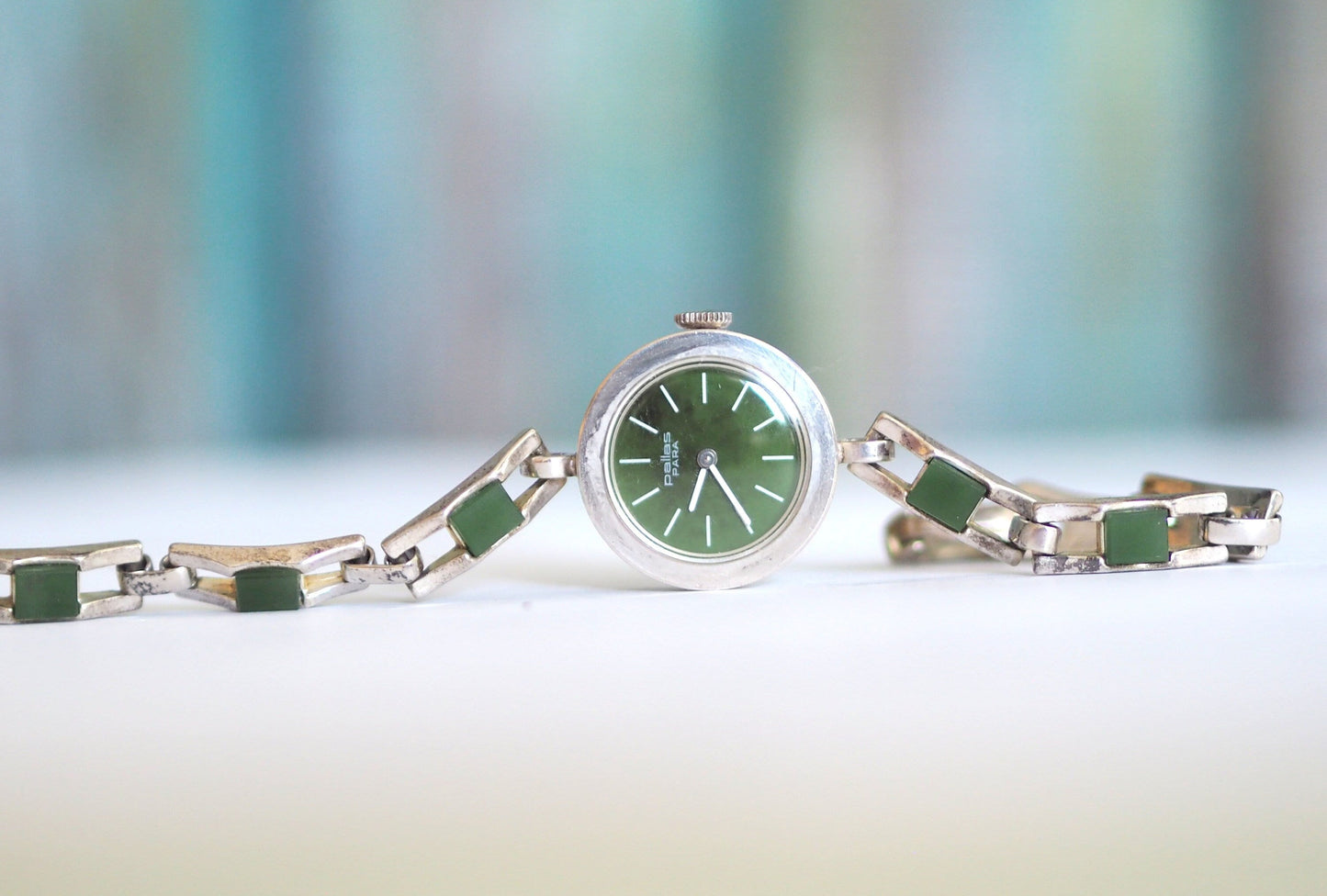 Pallas Para Jade- Vintage  German 0.835 solid silver  mechanical wind up women's Bracelet Watch, jade inlay , unworn, mint condition