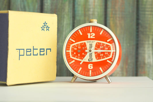 PETER GT Racing clock   - 1970's  German Alarm clock  ,  Retro mechanical alarm clock / Vintage alarm clock