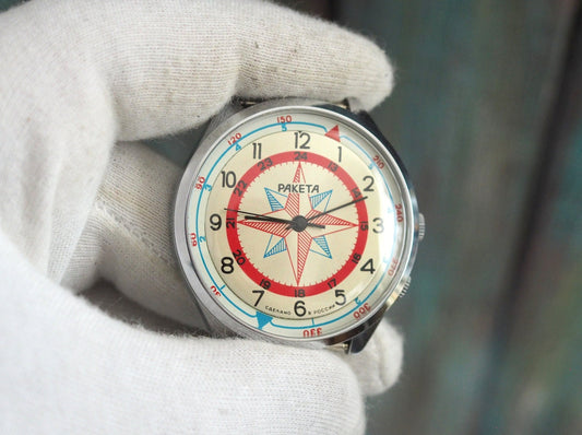 RAKETA  Compass 24h - vintage mechanical wind up men's watch Raketa  24-hour Watch 's, rare  24 hours watch Raketa, mint , unworn