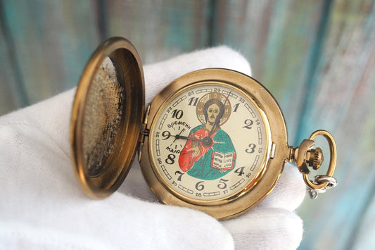 MOLNIJA Jesus Christ - Rare Vintage mechanical wind up  pocket watch Molnija   cal. 3602