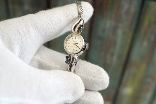 CONDOR -  Vintage  German 0.835 solid silver and blue sapphire  mechanical wind up women's Bracelet Watch- mint, unworn